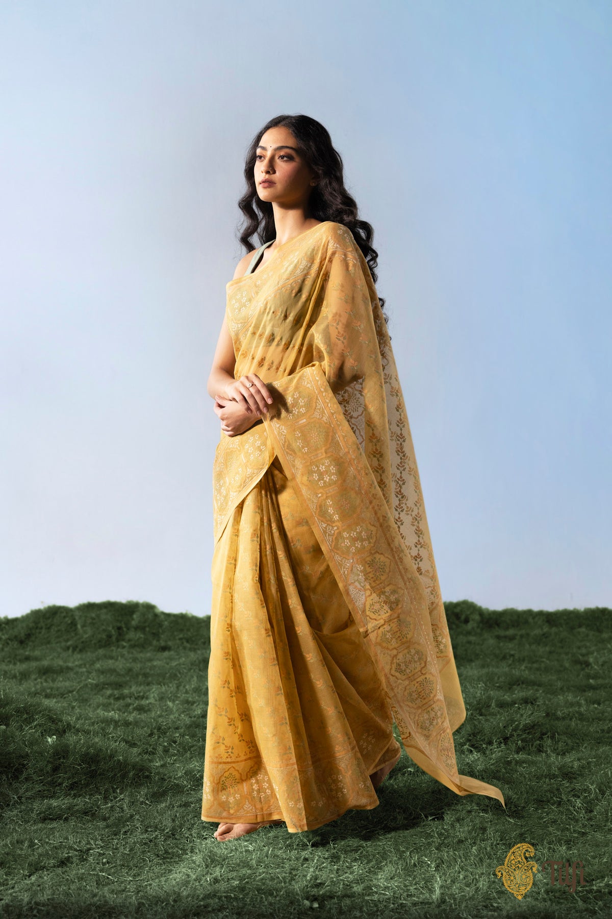 Pre-Order: 'Mala' Mustard Yellow Pure Cotton Jamdani Real Zari Banarasi Handloom Saree