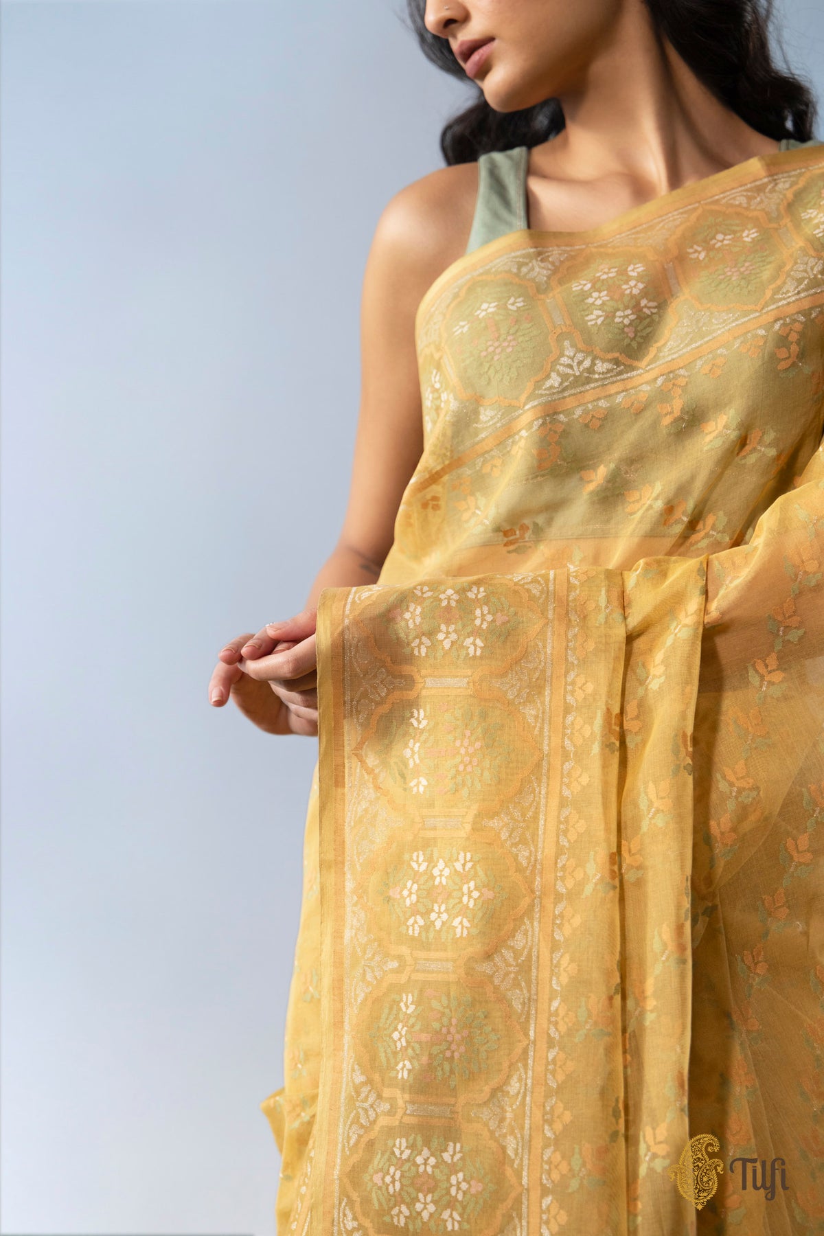 Pre-Order: 'Mala' Mustard Yellow Pure Cotton Jamdani Real Zari Banarasi Handloom Saree