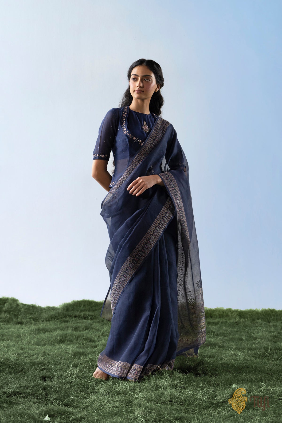 Pre-Order: 'Chhaya' Navy Blue Pure Cotton Jamdani Real Zari Banarasi Handloom Saree