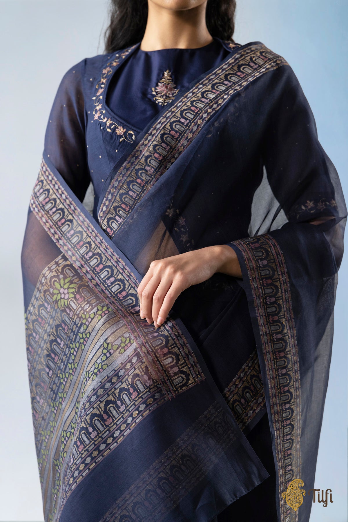 Pre-Order: 'Chhaya' Navy Blue Pure Cotton Jamdani Real Zari Banarasi Handloom Saree