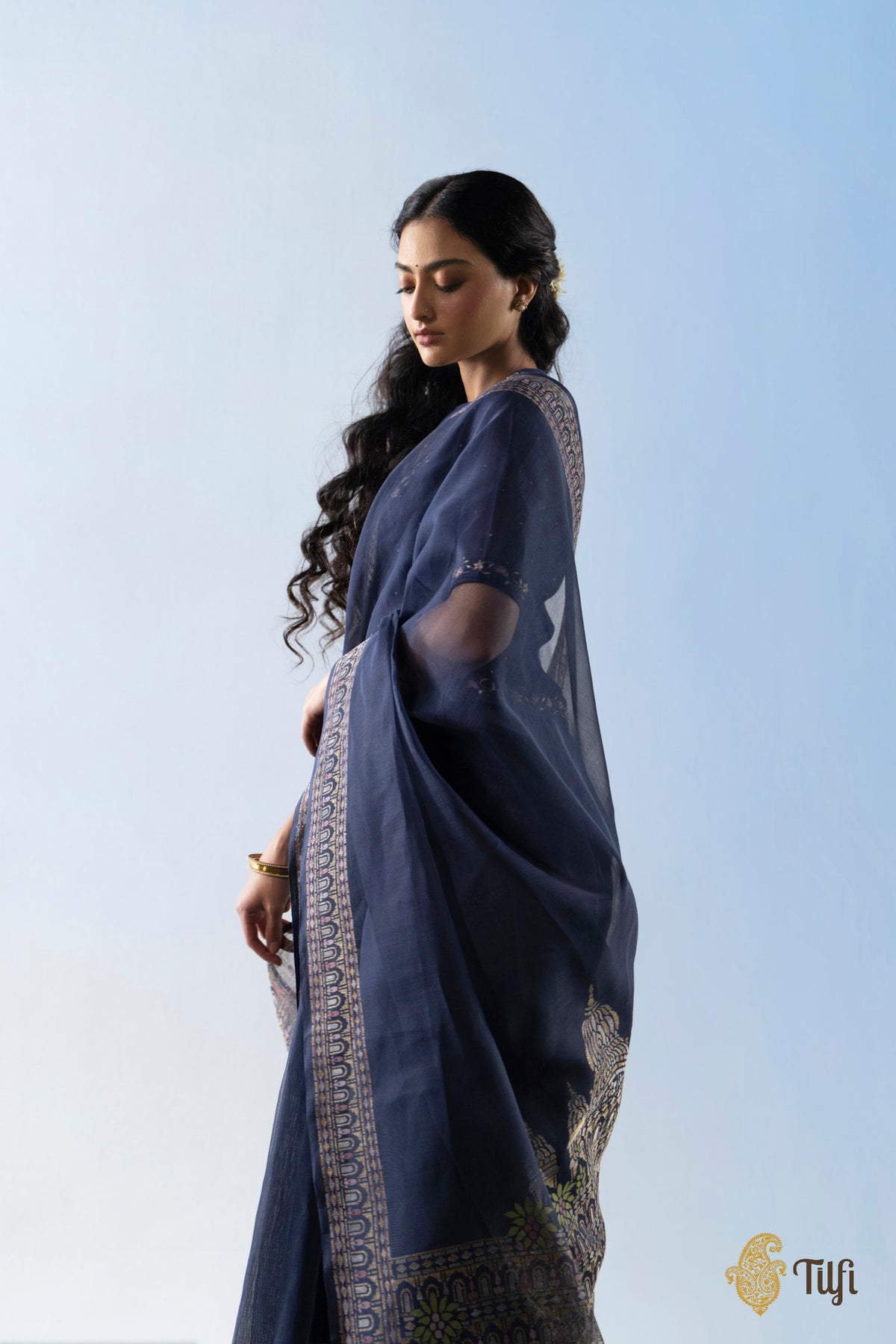 Pre-Order: 'Chhaya' Navy Blue Pure Cotton Jamdani Real Zari Banarasi Handloom Saree