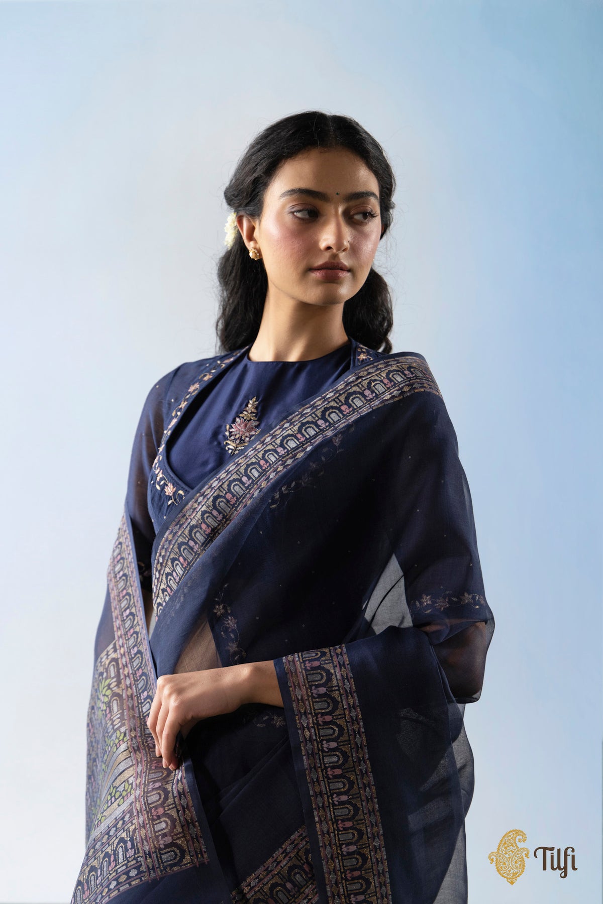 Pre-Order: 'Chhaya' Navy Blue Pure Cotton Jamdani Real Zari Banarasi Handloom Saree