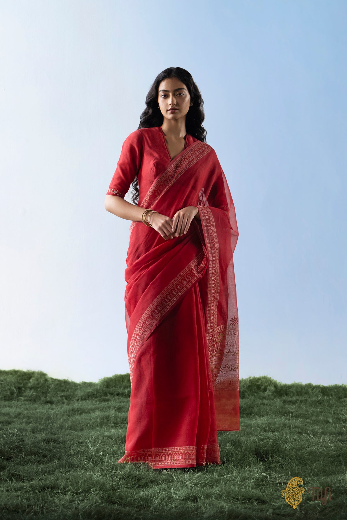 Pre-Order: 'Chhaya' Red Pure Cotton Jamdani Real Zari Banarasi Handloom Saree