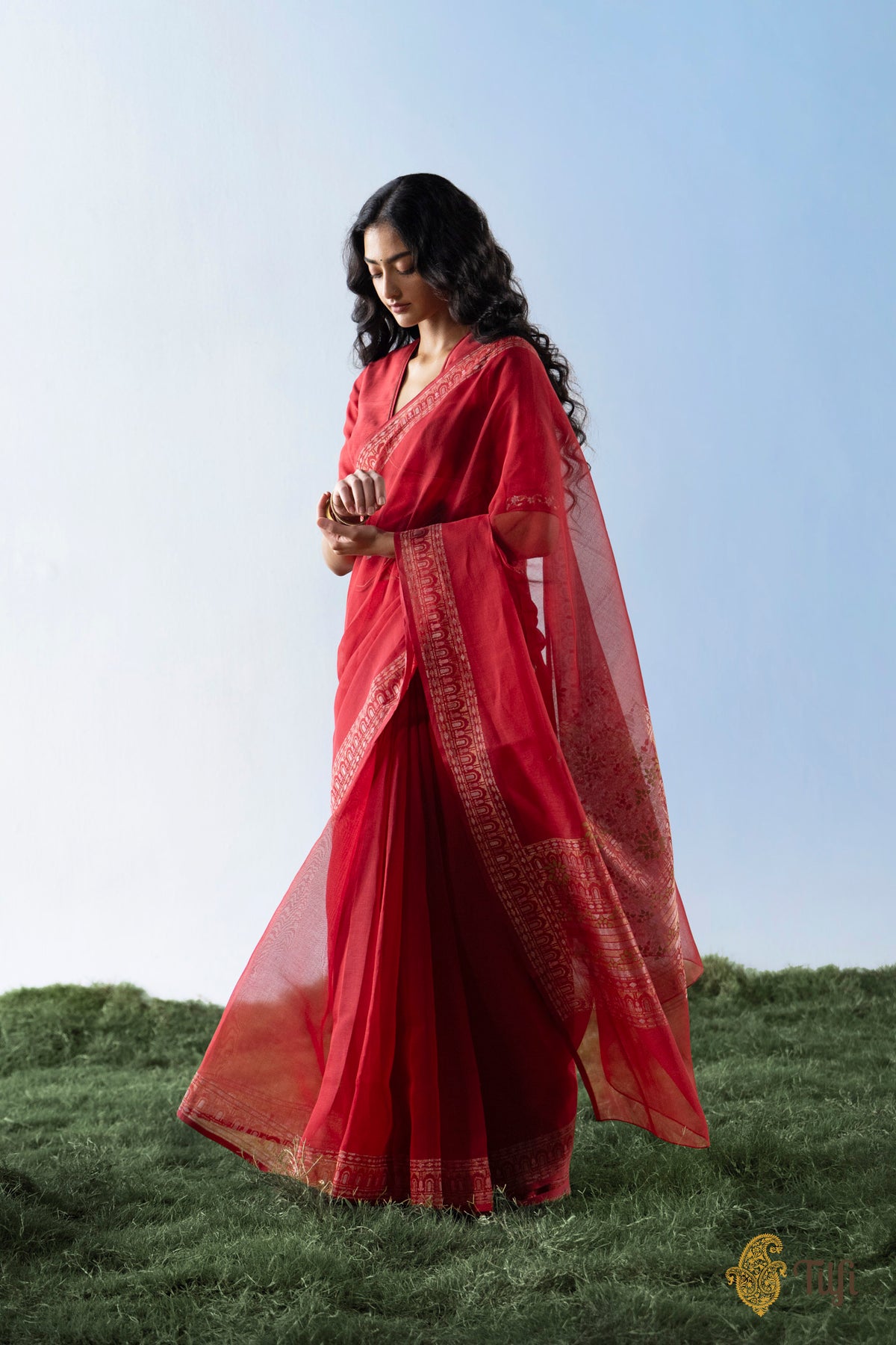 Pre-Order: 'Chhaya' Red Pure Cotton Jamdani Real Zari Banarasi Handloom Saree