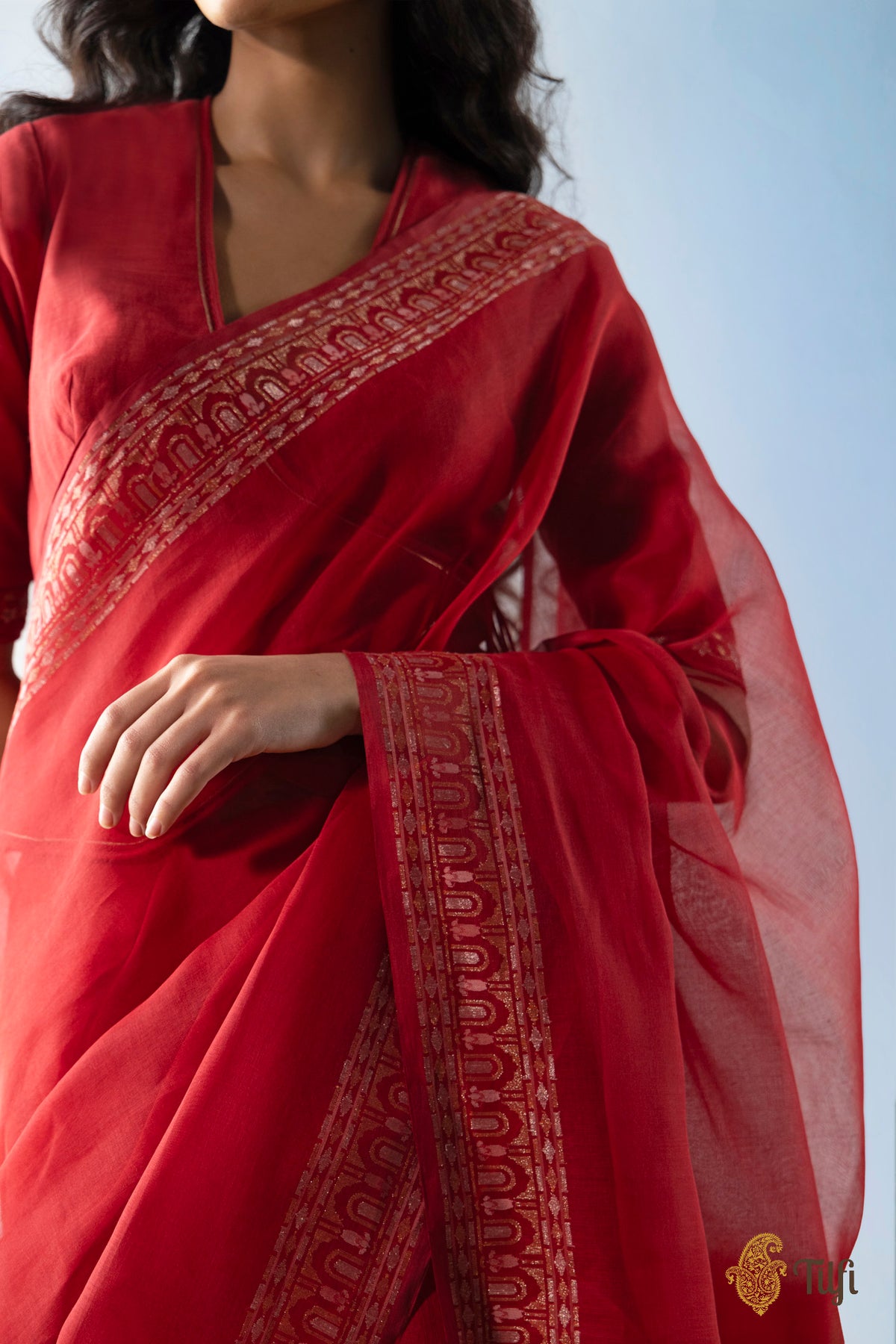 Pre-Order: 'Chhaya' Red Pure Cotton Jamdani Real Zari Banarasi Handloom Saree