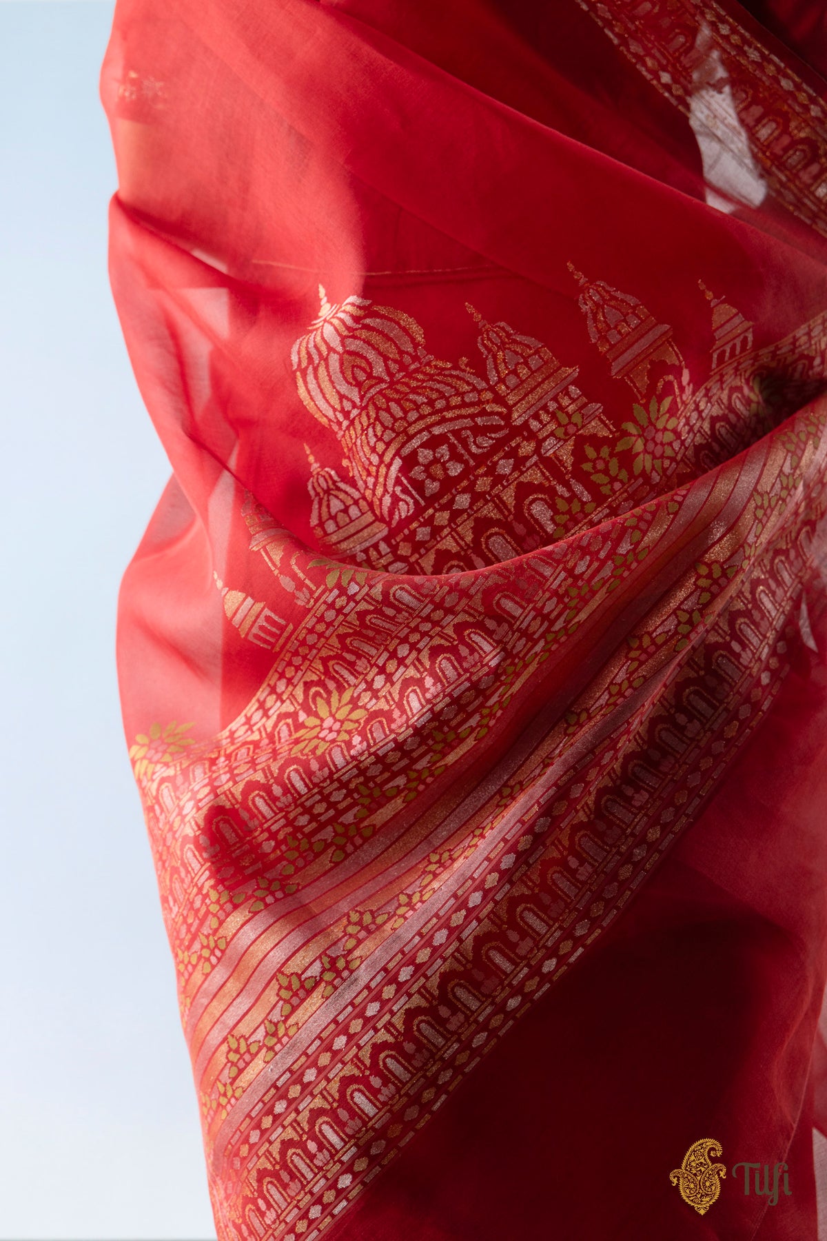 Pre-Order: 'Chhaya' Red Pure Cotton Jamdani Real Zari Banarasi Handloom Saree