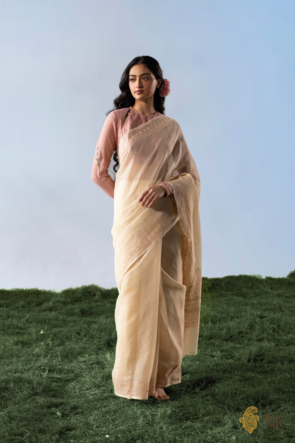 'Chhaya' Beige Pure Cotton Jamdani Real Zari Banarasi Handloom Saree