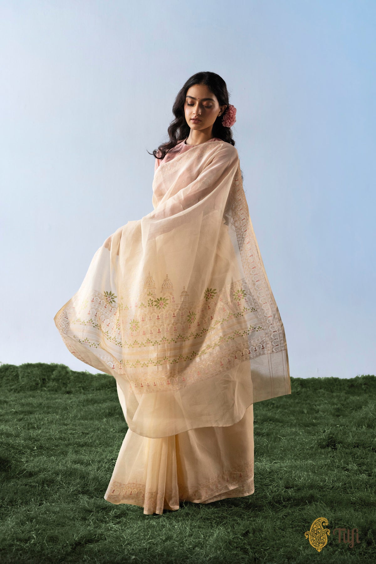 'Chhaya' Beige Pure Cotton Jamdani Real Zari Banarasi Handloom Saree