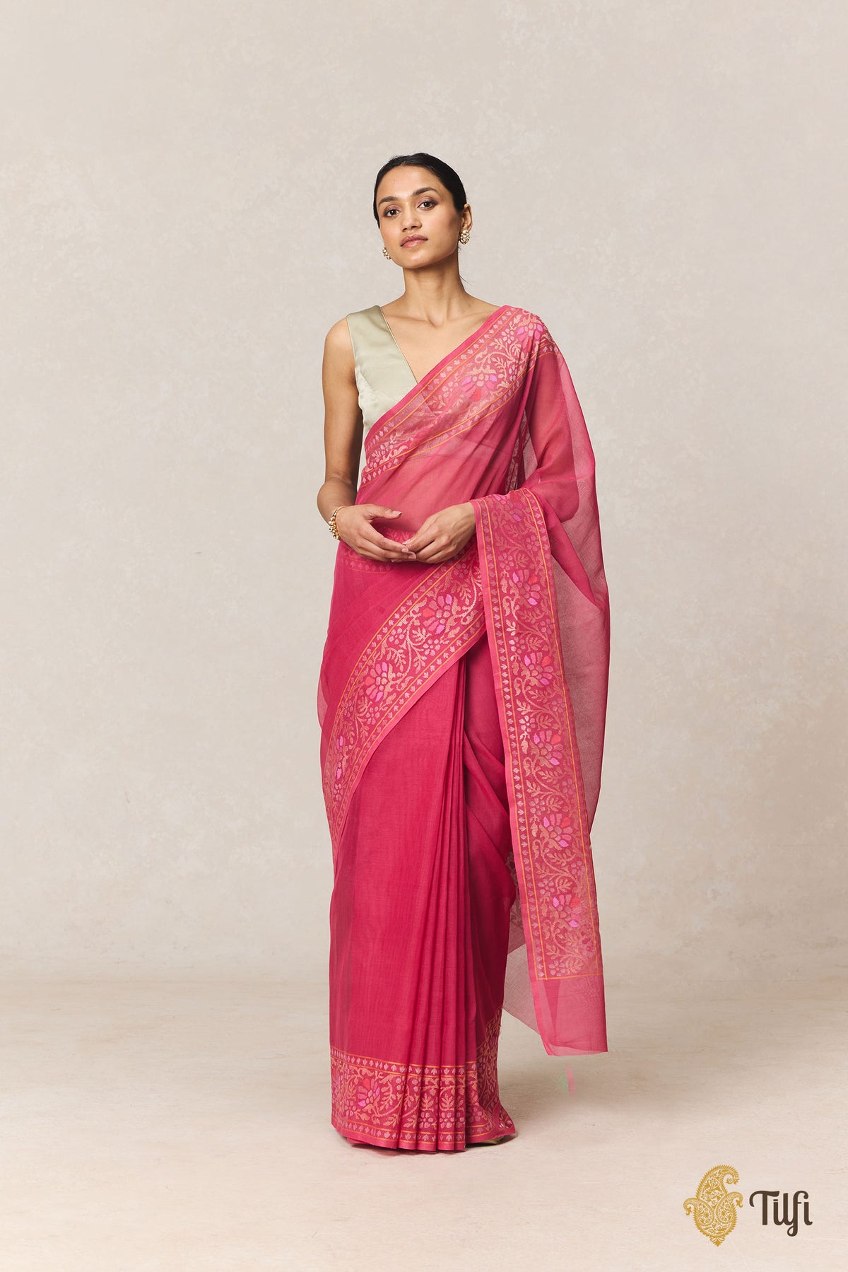 Pink Pure Cotton Jamdani Real Zari Banarasi Handloom Saree