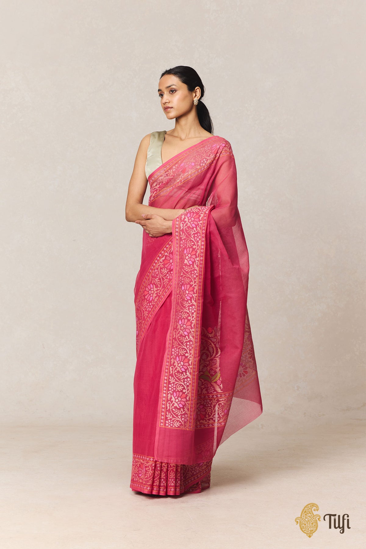 Pink Pure Cotton Jamdani Real Zari Banarasi Handloom Saree