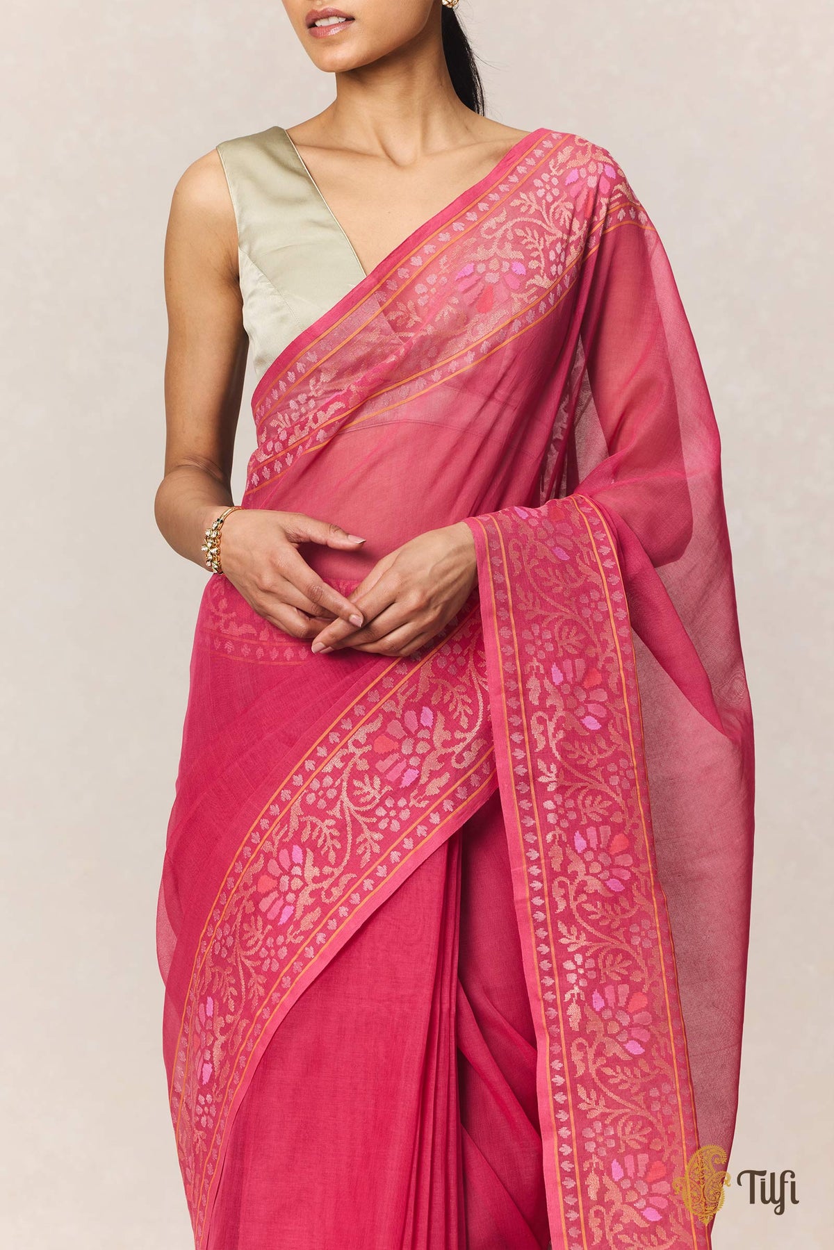 Pink Pure Cotton Jamdani Real Zari Banarasi Handloom Saree