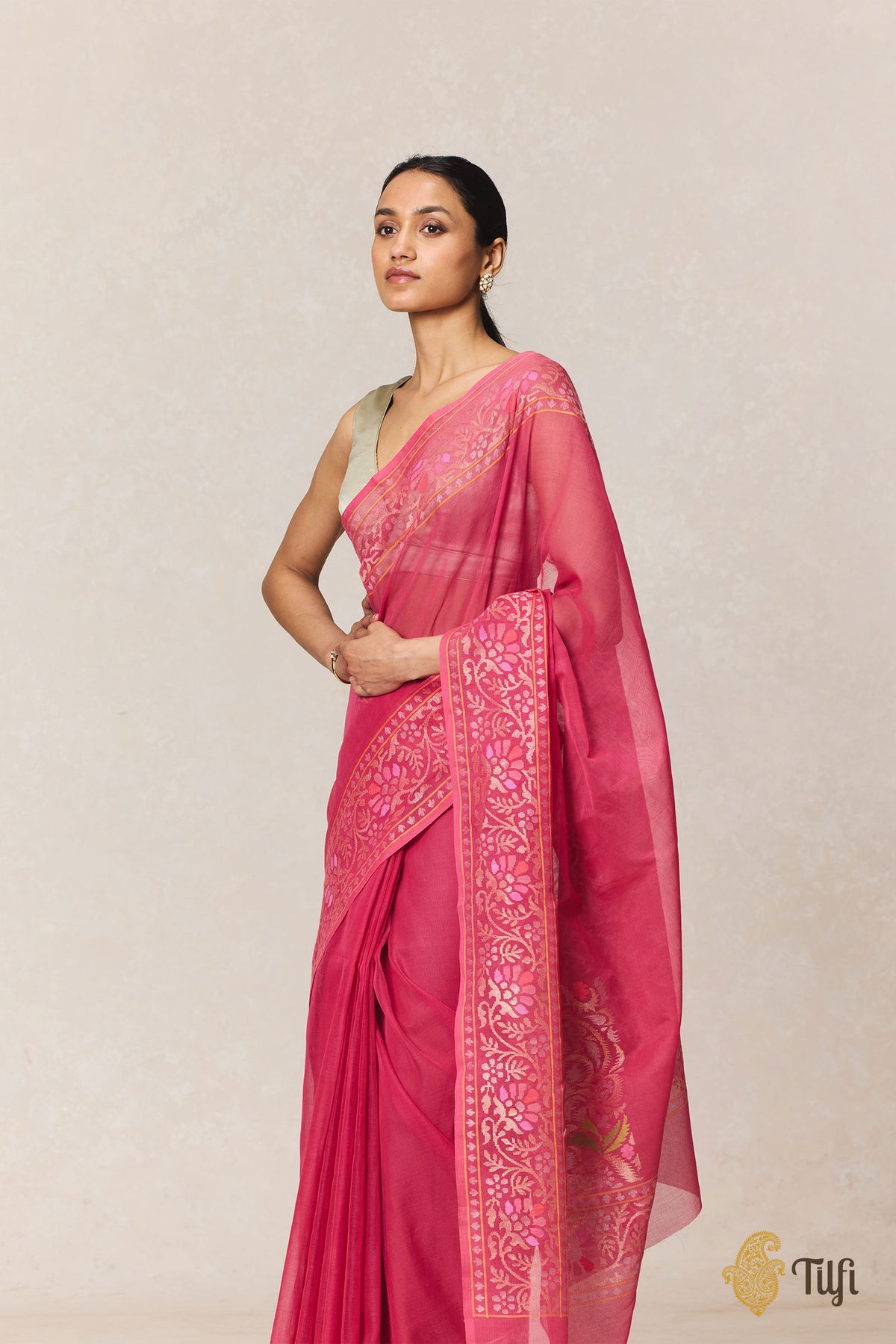 Pink Pure Cotton Jamdani Real Zari Banarasi Handloom Saree