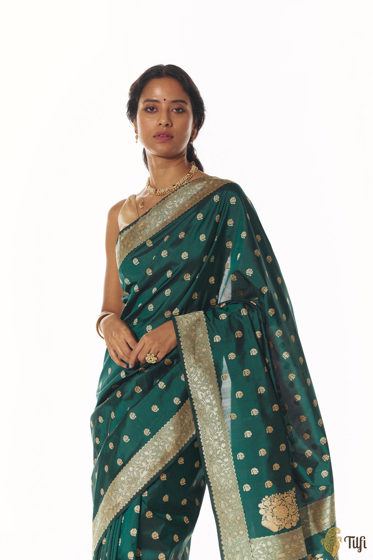 'Janaki' Bottle Green Pure Katan Silk Real Zari Banarasi Handloom Saree