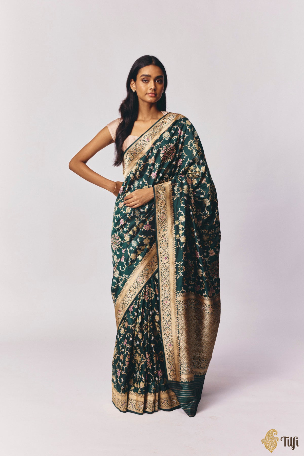 Pre-Order: 'Kausalya' Bottle Green Pure Katan Silk Real Zari Handloom Saree
