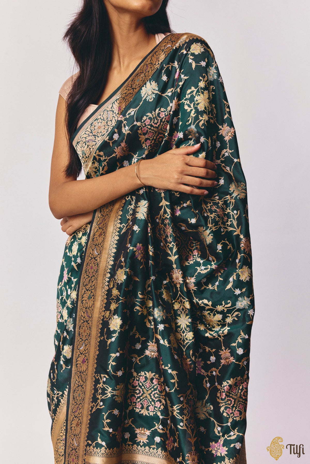 Pre-Order: 'Kausalya' Bottle Green Pure Katan Silk Real Zari Handloom Saree