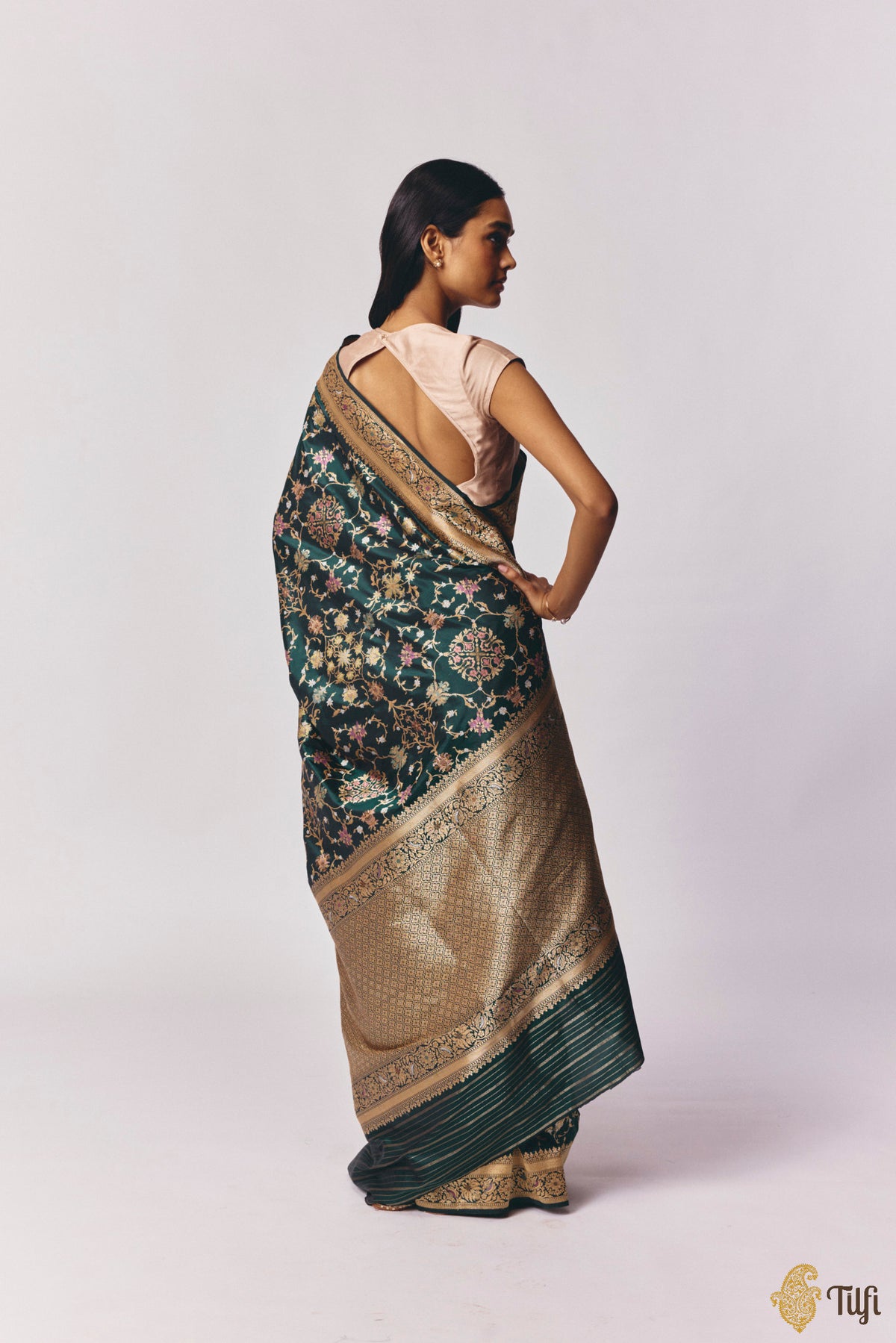 Pre-Order: 'Kausalya' Bottle Green Pure Katan Silk Real Zari Handloom Saree