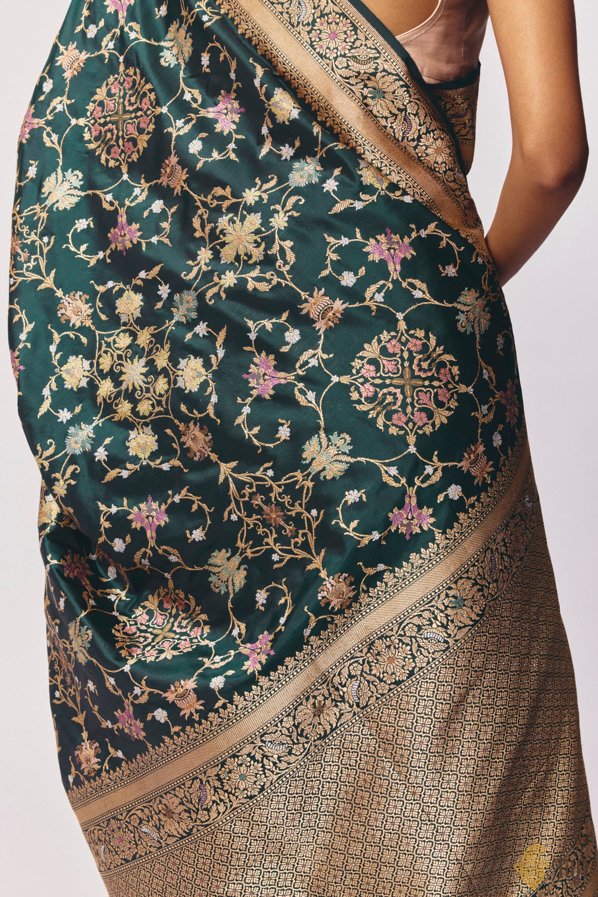 Pre-Order: 'Kausalya' Bottle Green Pure Katan Silk Real Zari Handloom Saree