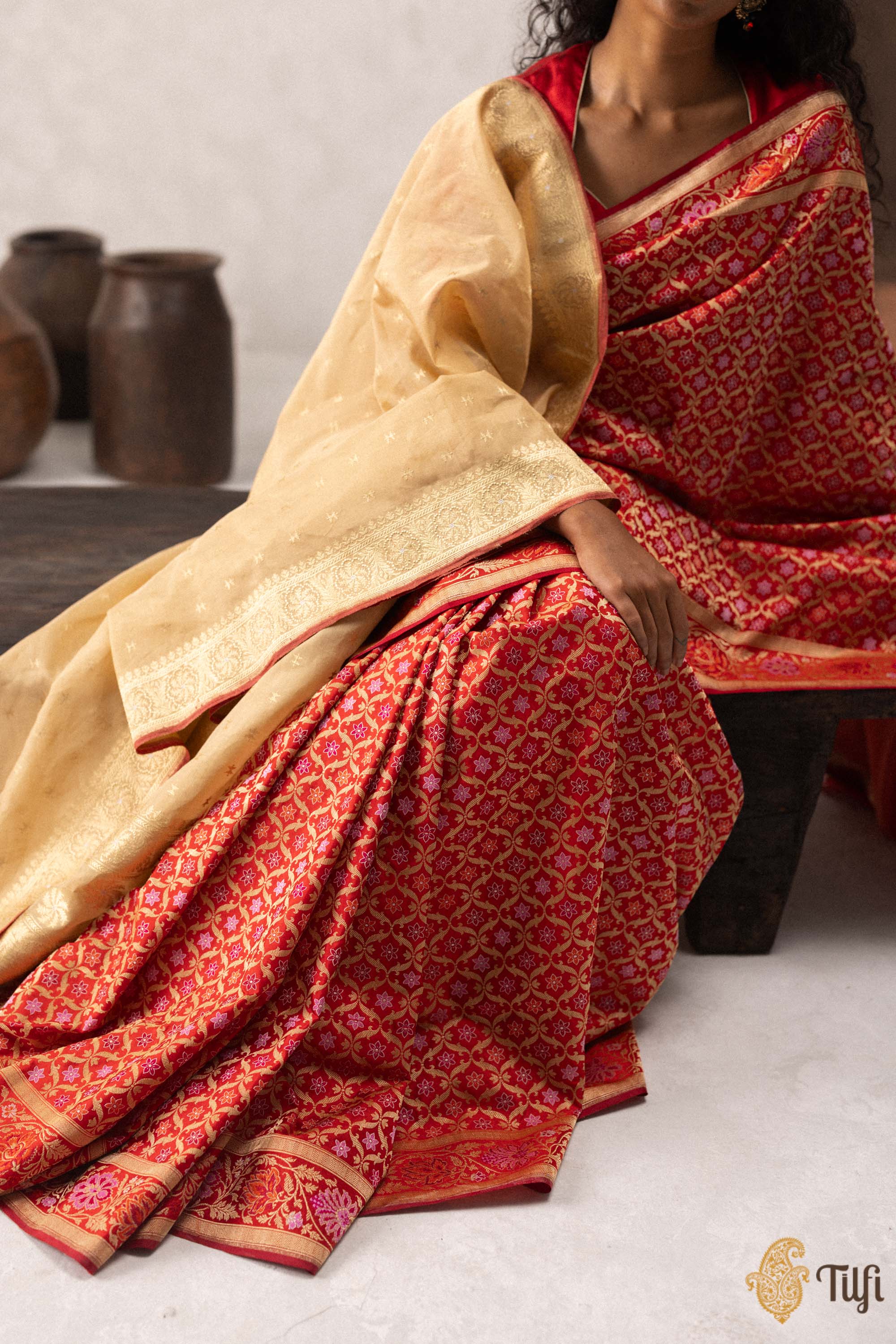 Pure Handwoven Banarasi Sarees Tagged "red" - Tilfi