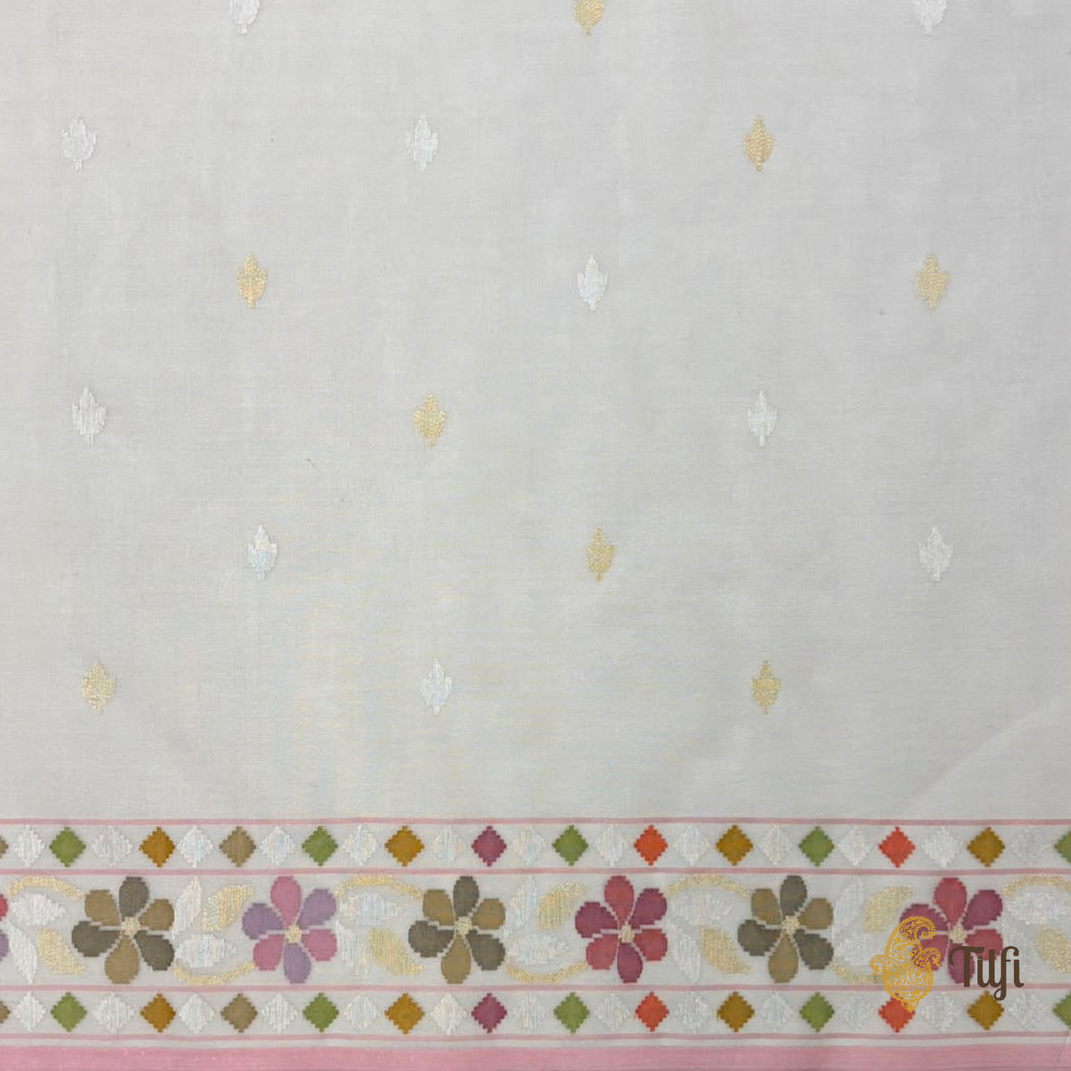 'Damyanti' Off-White Kora Silk Ektara Jamdani Real Zari Banarasi Handloom Saree