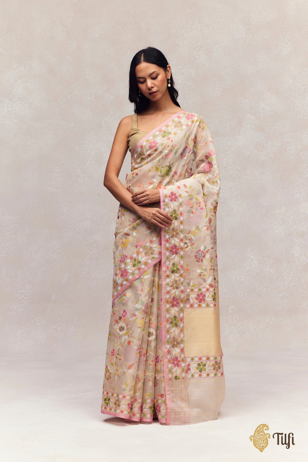 'Damyanti' Off-White Kora Silk Ektara Jamdani Real Zari Banarasi Handloom Saree