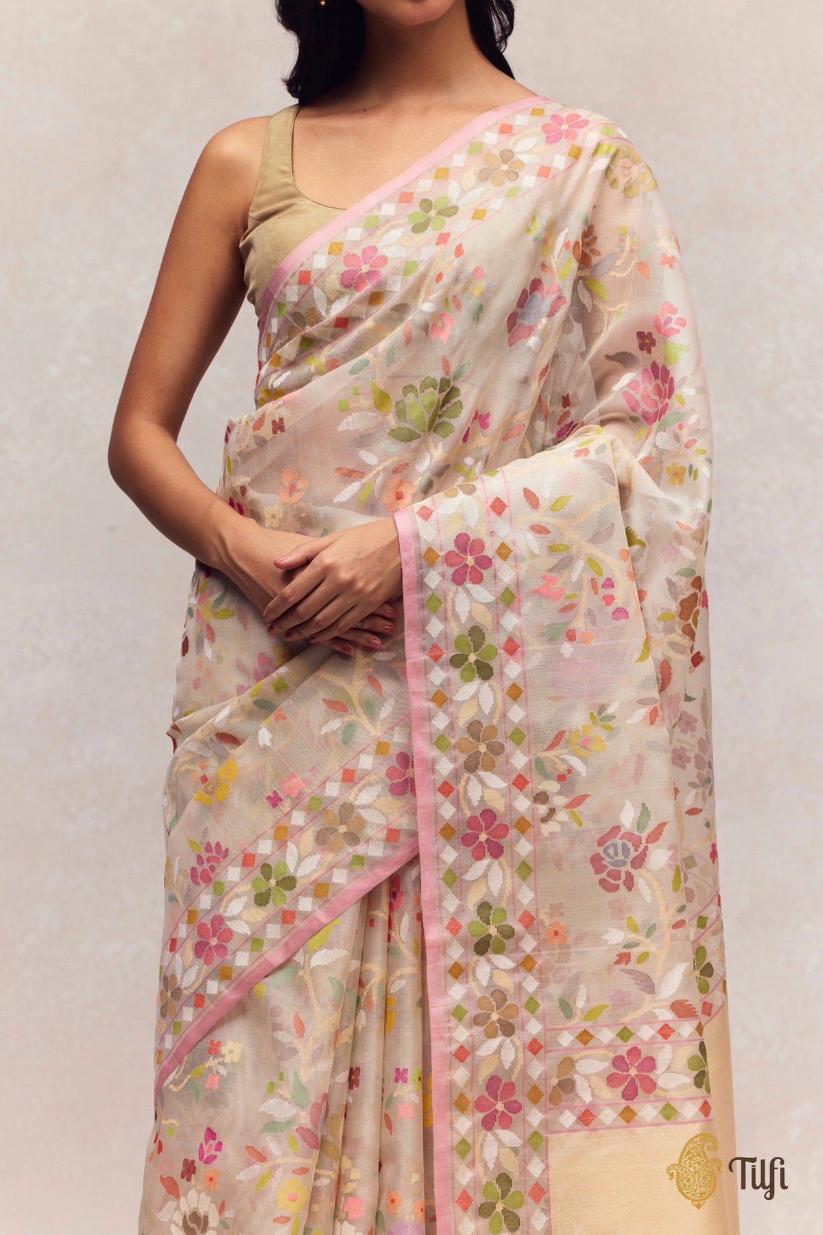 'Damyanti' Off-White Kora Silk Ektara Jamdani Real Zari Banarasi Handloom Saree