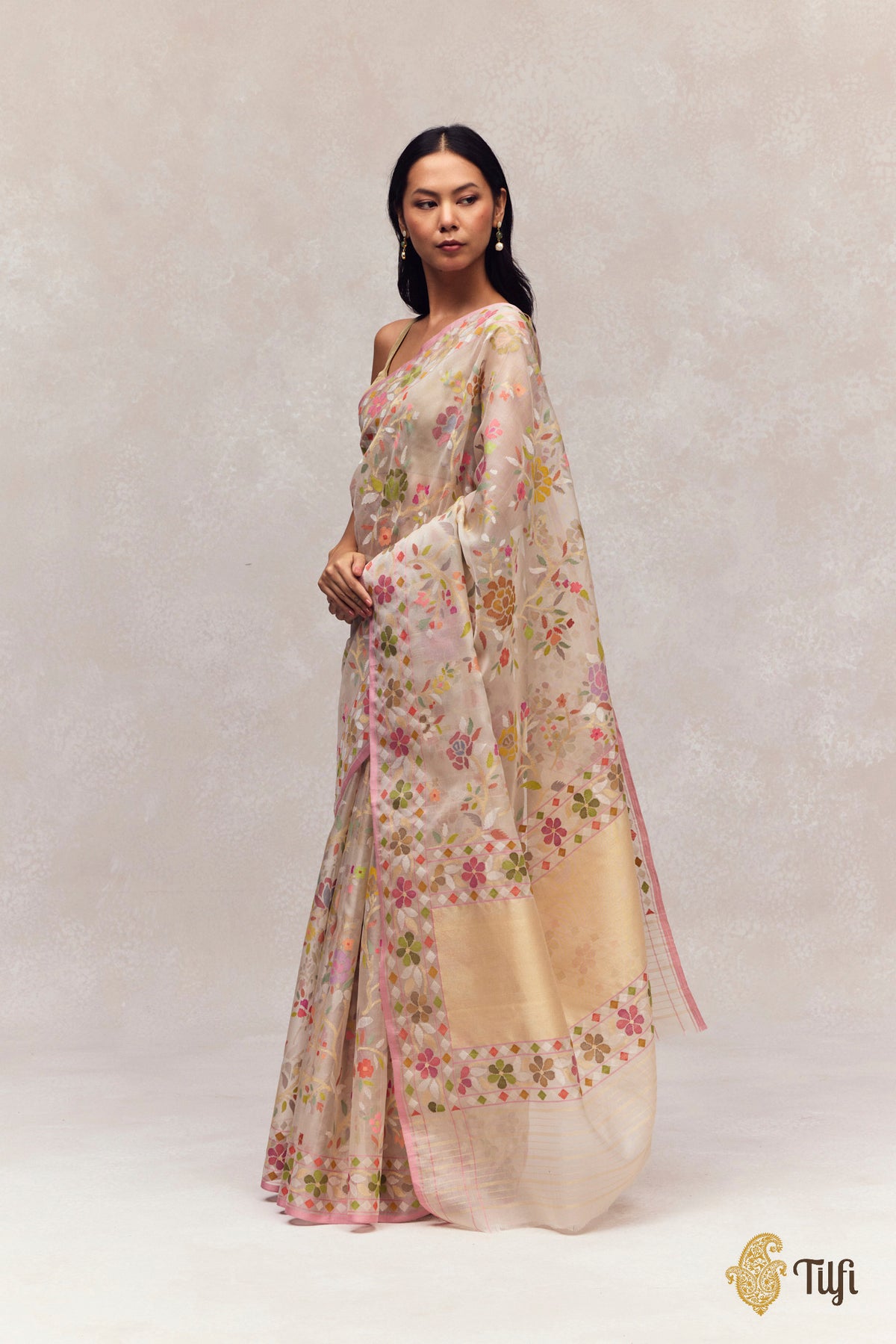 'Damyanti' Off-White Kora Silk Ektara Jamdani Real Zari Banarasi Handloom Saree