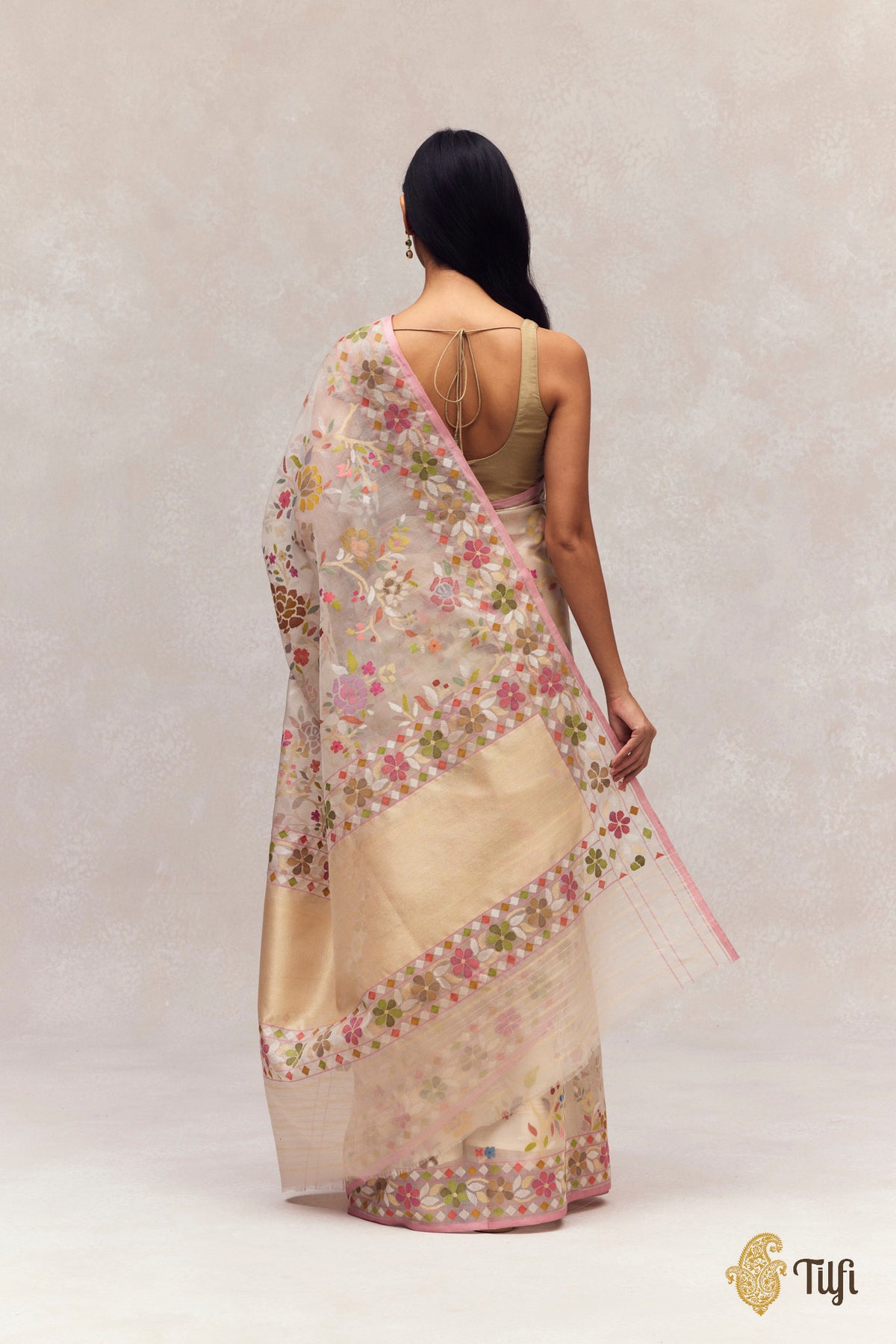 'Damyanti' Off-White Kora Silk Ektara Jamdani Real Zari Banarasi Handloom Saree