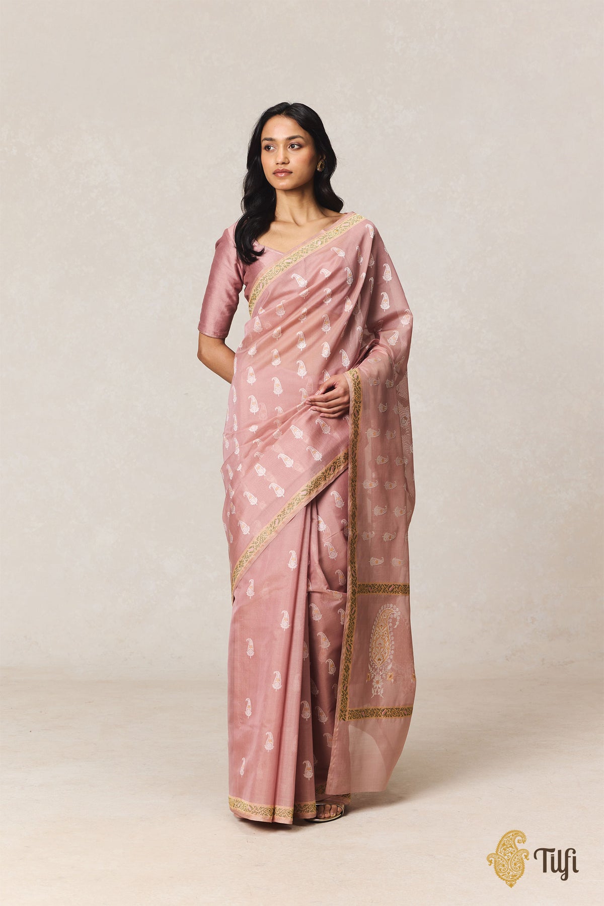 Old Rose Pure Kora by Georgette Real Zari Banarasi Handloom Saree