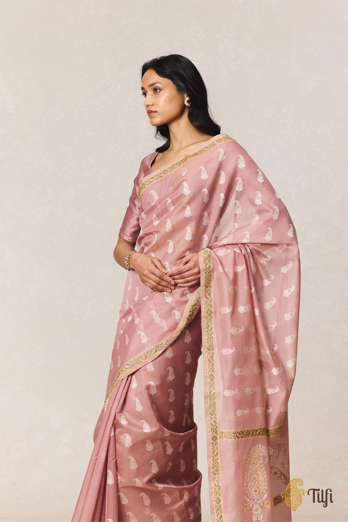 Old Rose Pure Kora by Georgette Real Zari Banarasi Handloom Saree