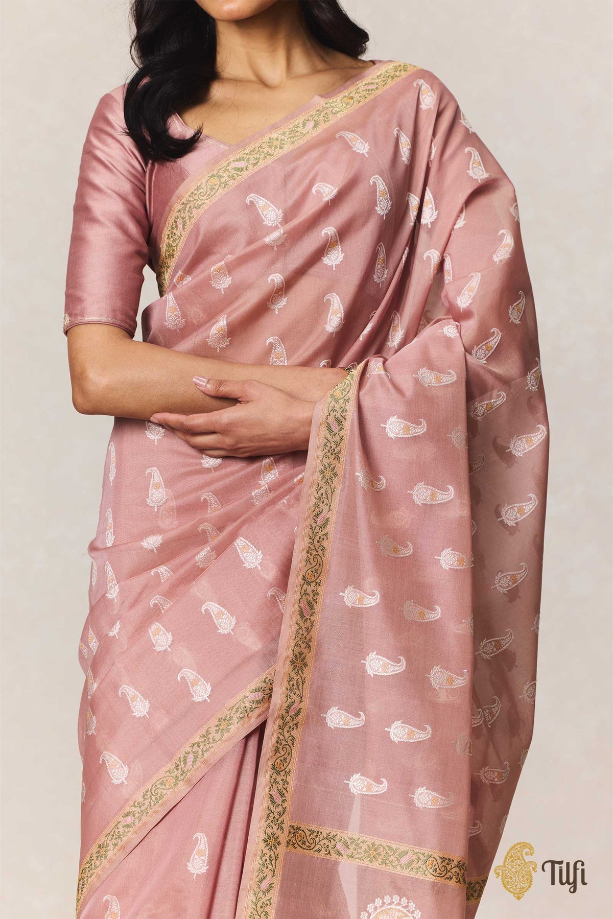 Old Rose Pure Kora by Georgette Real Zari Banarasi Handloom Saree