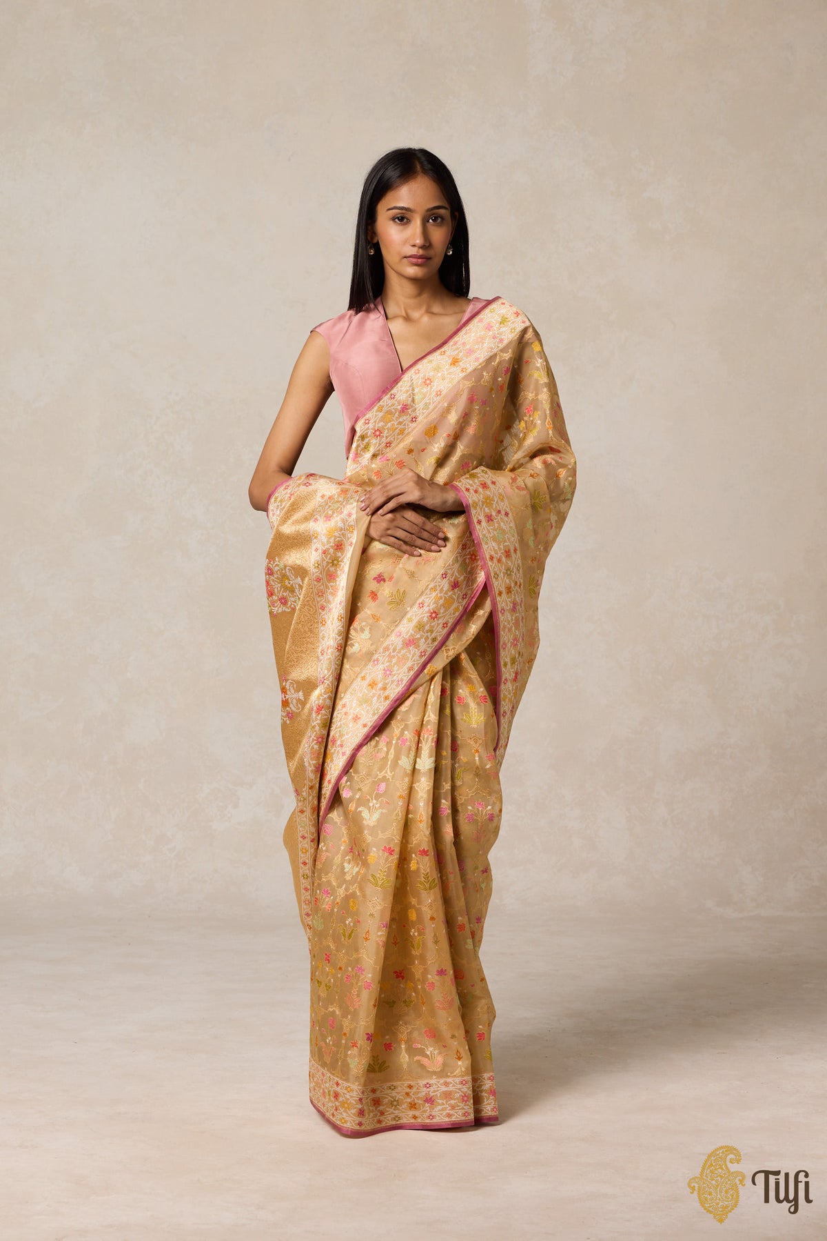 Pre-Order: Beige Real Zari Kora Silk Kadwa Meenakari Jangla Saree