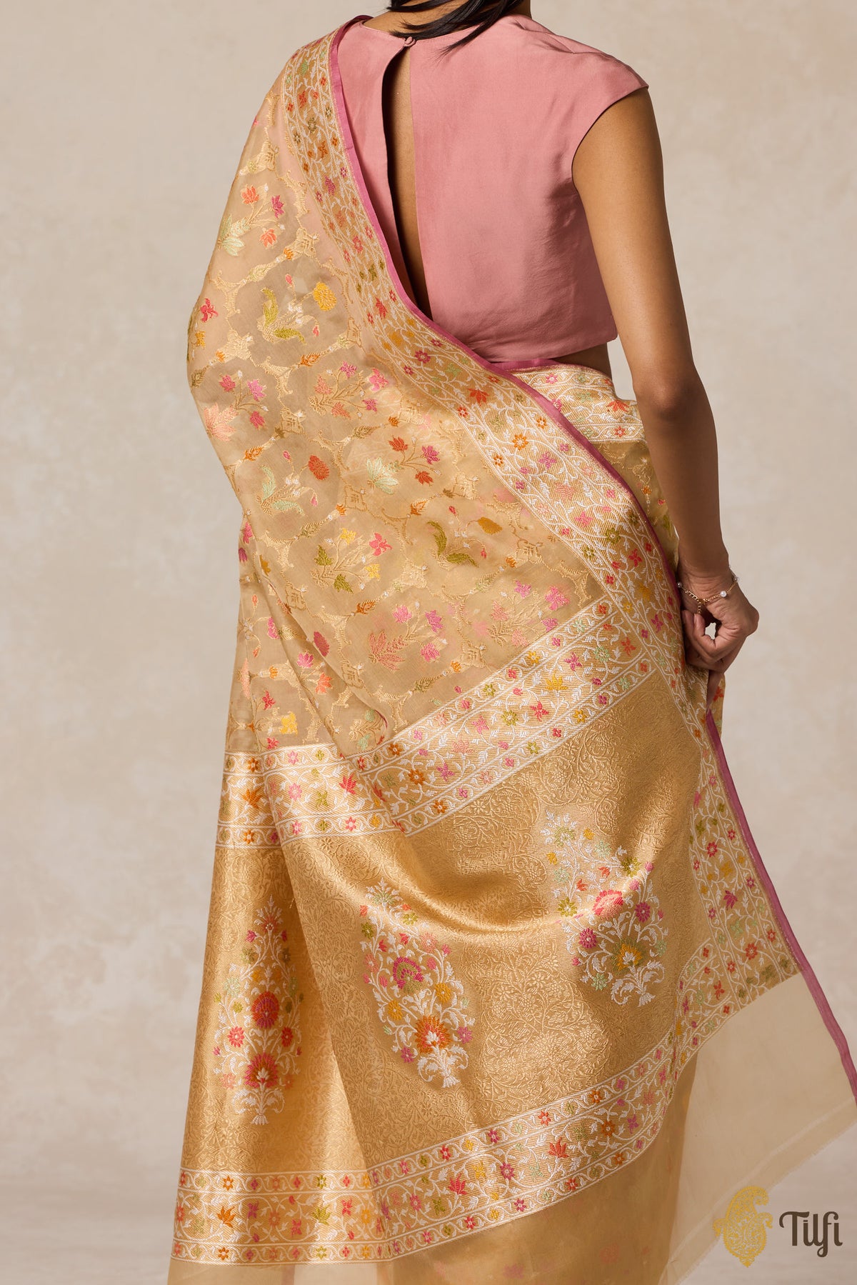 Pre-Order: Beige Real Zari Kora Silk Kadwa Meenakari Jangla Saree