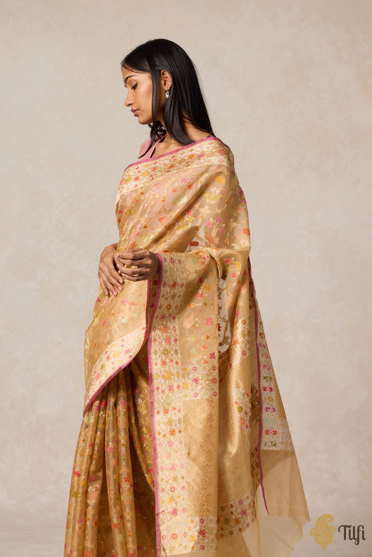 Pre-Order: Beige Real Zari Kora Silk Kadwa Meenakari Jangla Saree