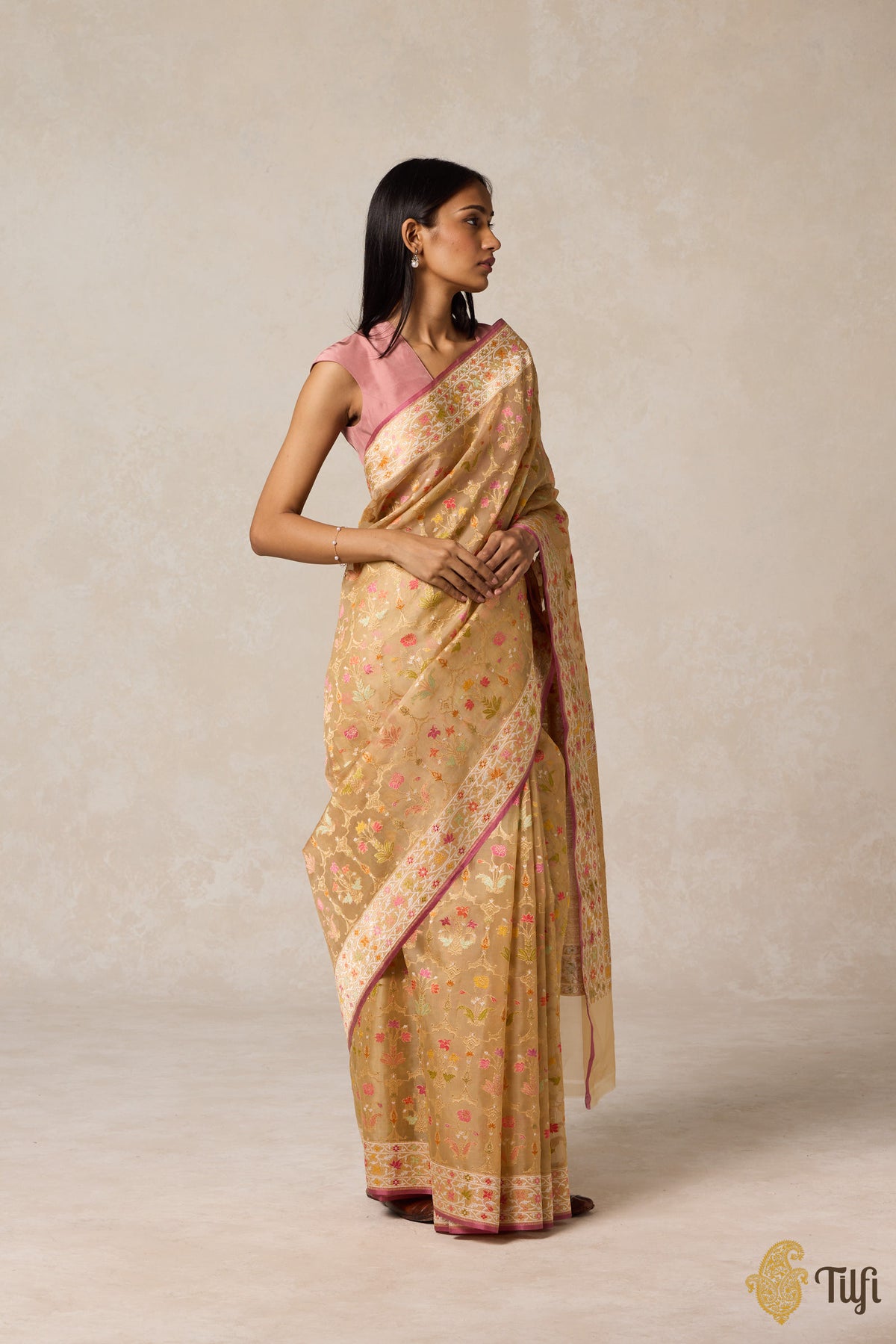 Pre-Order: Beige Real Zari Kora Silk Kadwa Meenakari Jangla Saree