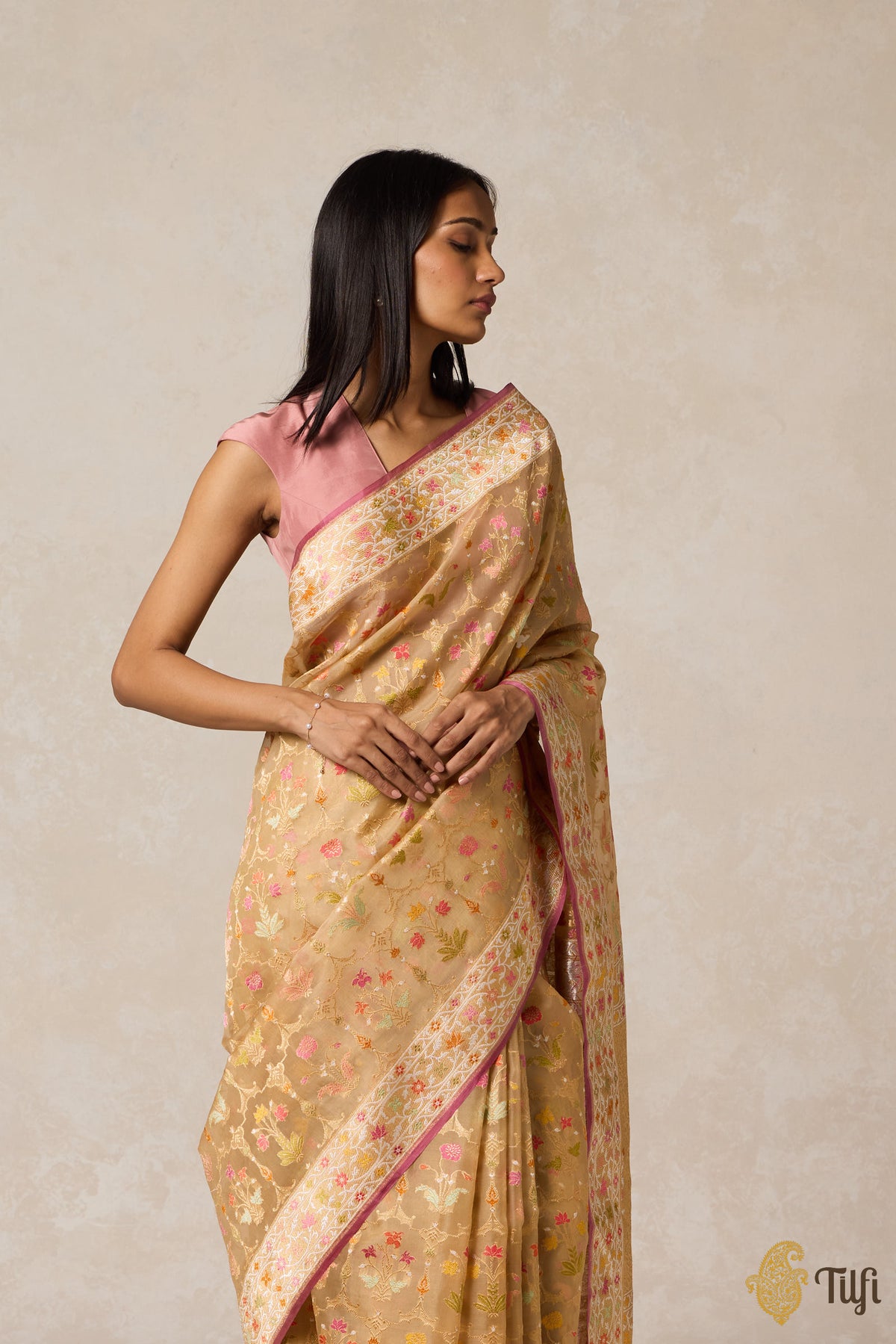 Pre-Order: Beige Real Zari Kora Silk Kadwa Meenakari Jangla Saree