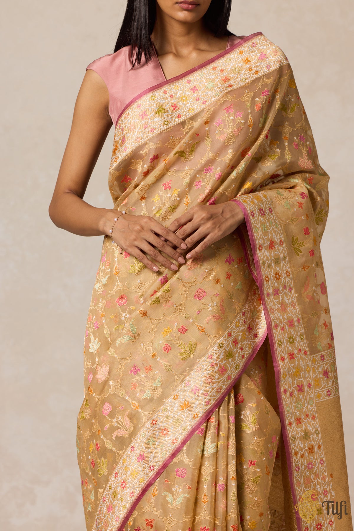 Pre-Order: Beige Real Zari Kora Silk Kadwa Meenakari Jangla Saree