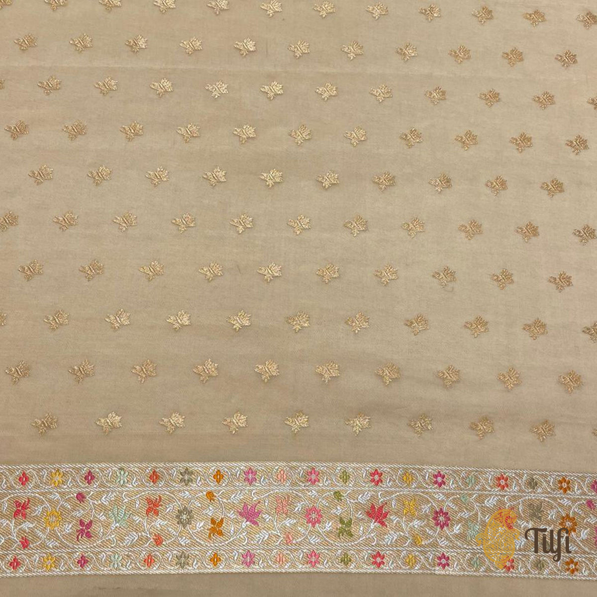 Pre-Order: Beige Real Zari Kora Silk Kadwa Meenakari Jangla Saree
