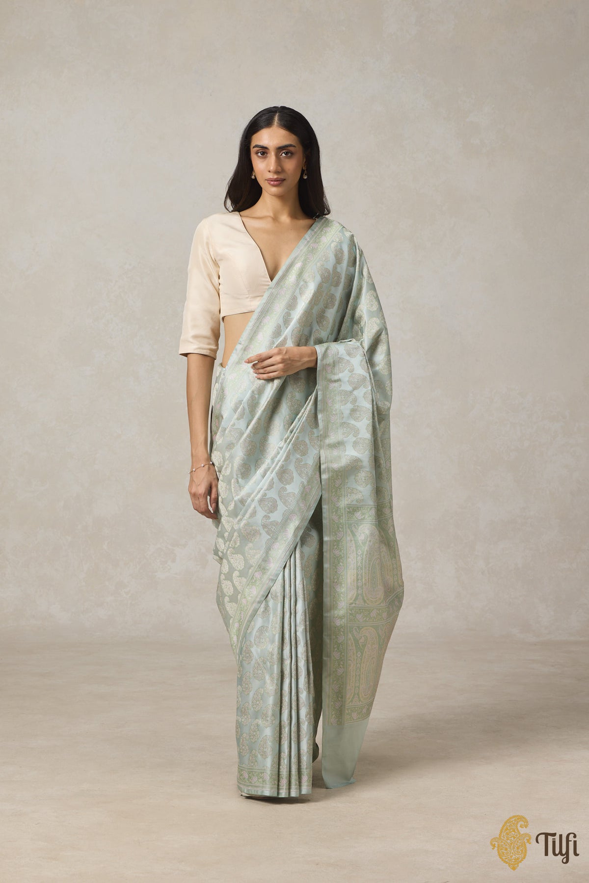 Pre-Order: Light Blue Pure Soft Satin Silk Tanchoi Jamawar Banarasi Handloom Saree