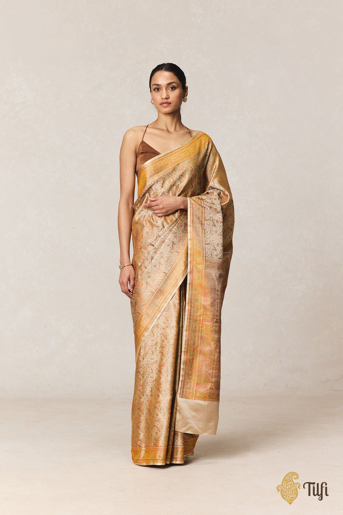 Beige Pure Soft Satin Silk Banarasi Handloom Jamawar Saree