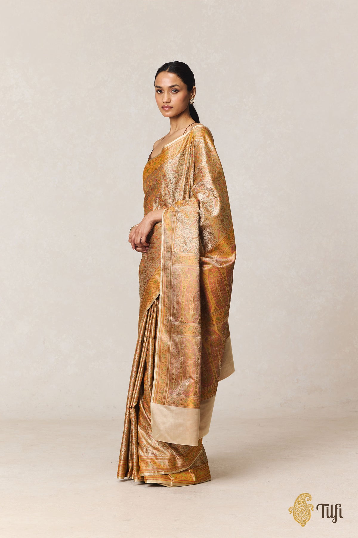 Beige Pure Soft Satin Silk Banarasi Handloom Jamawar Saree