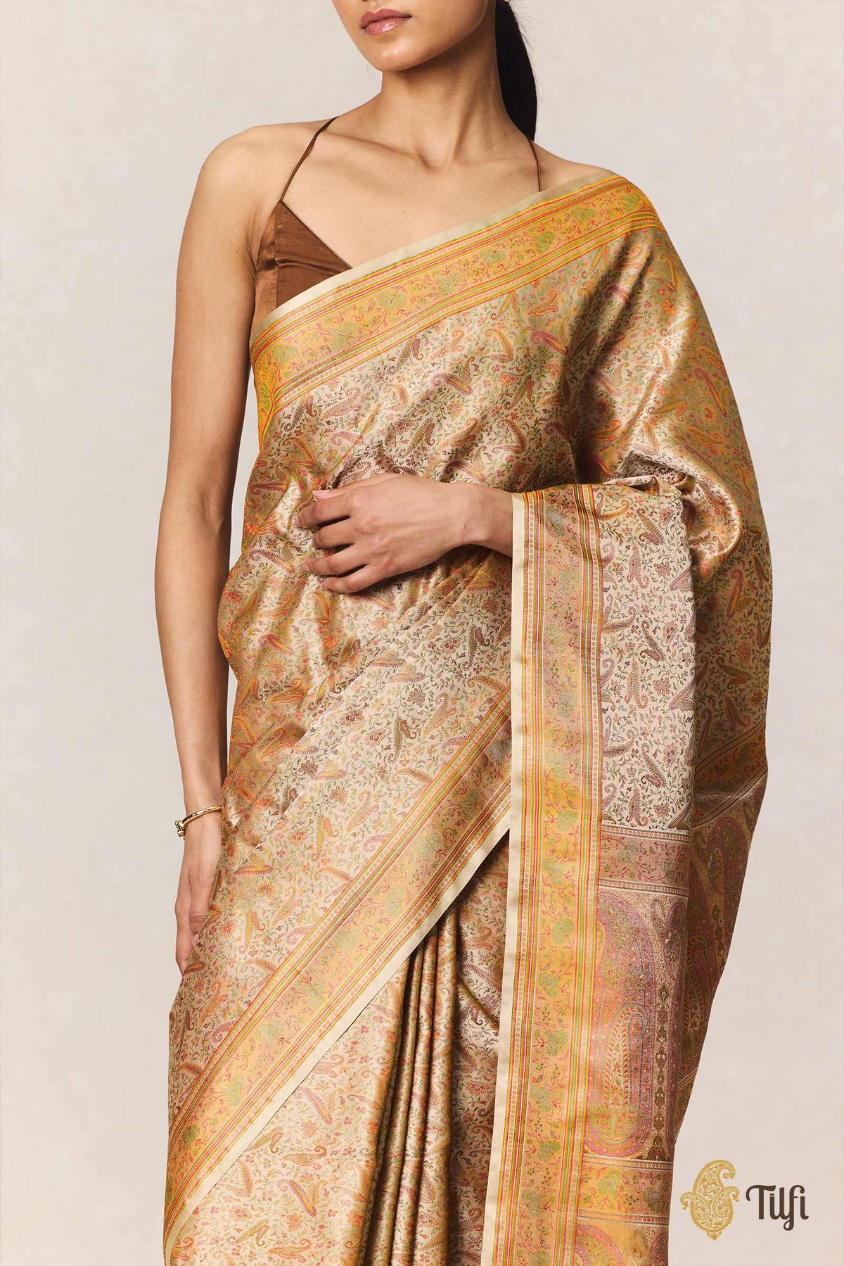 Beige Pure Soft Satin Silk Banarasi Handloom Jamawar Saree
