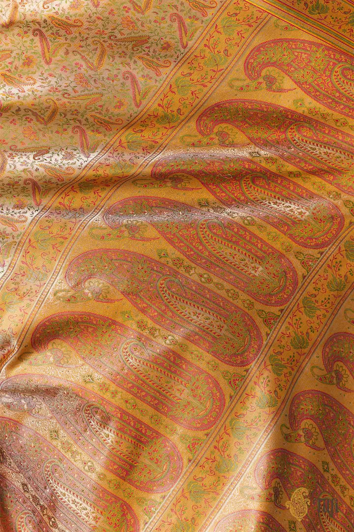 Beige Pure Soft Satin Silk Banarasi Handloom Jamawar Saree