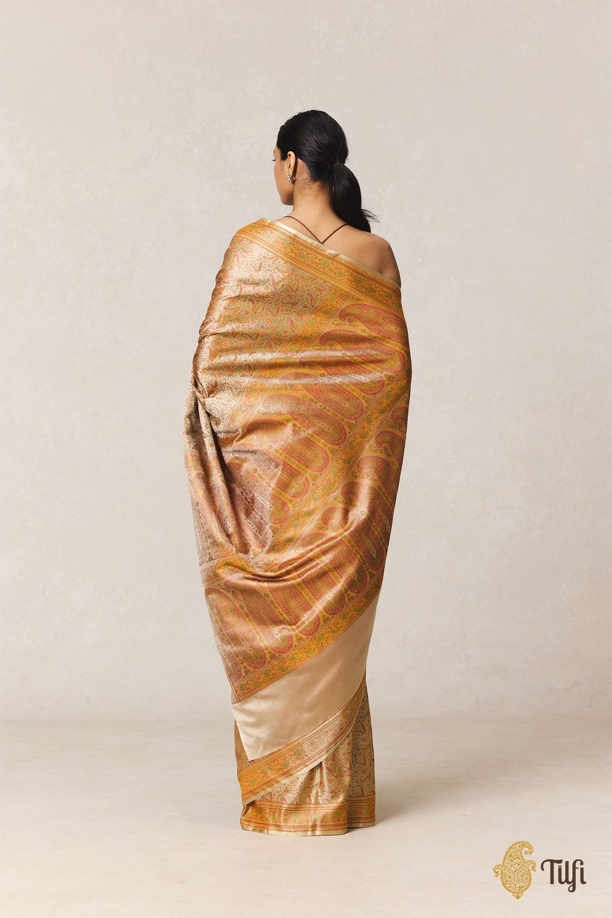 Beige Pure Soft Satin Silk Banarasi Handloom Jamawar Saree