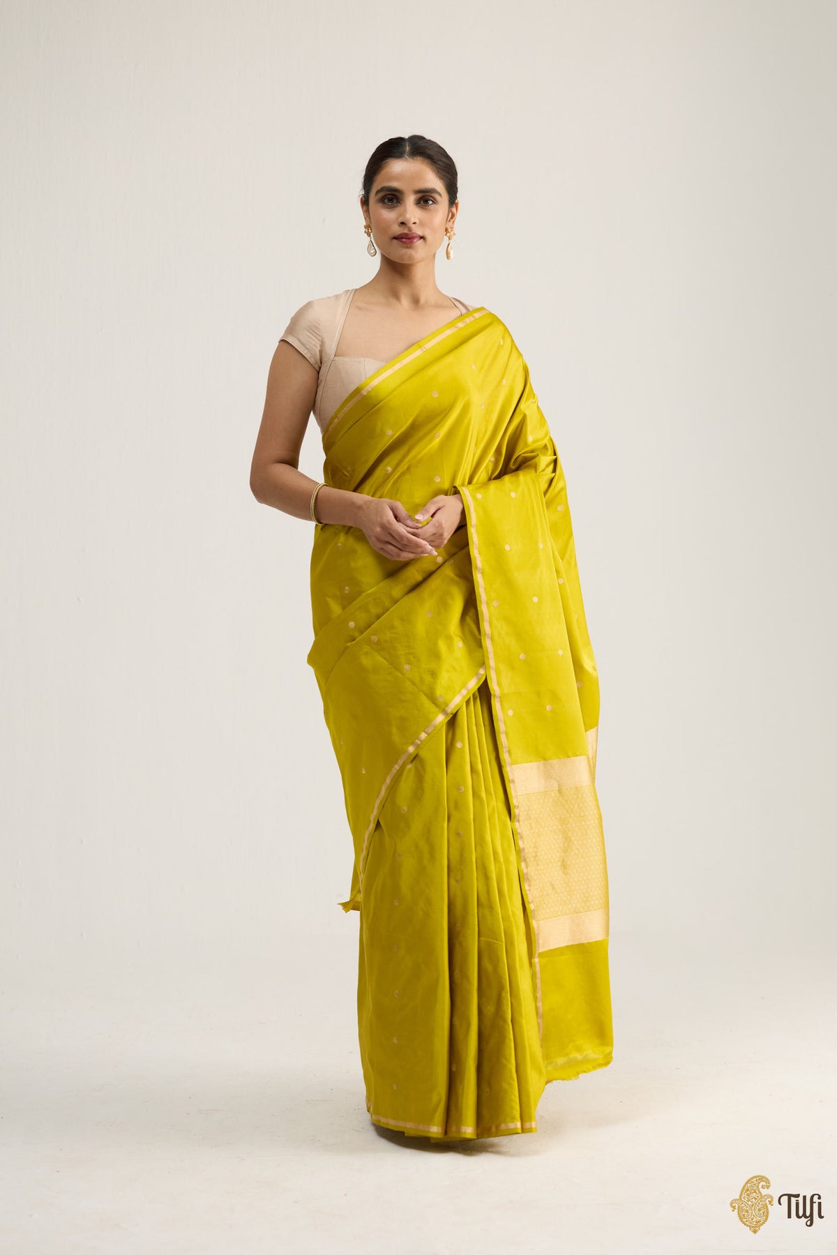 Mustard Green Satin Silk Banarasi Handloom Saree