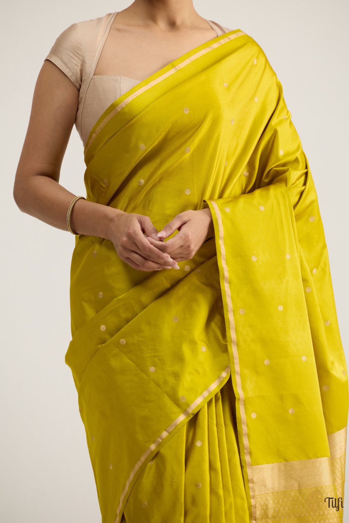 Mustard Green Satin Silk Banarasi Handloom Saree