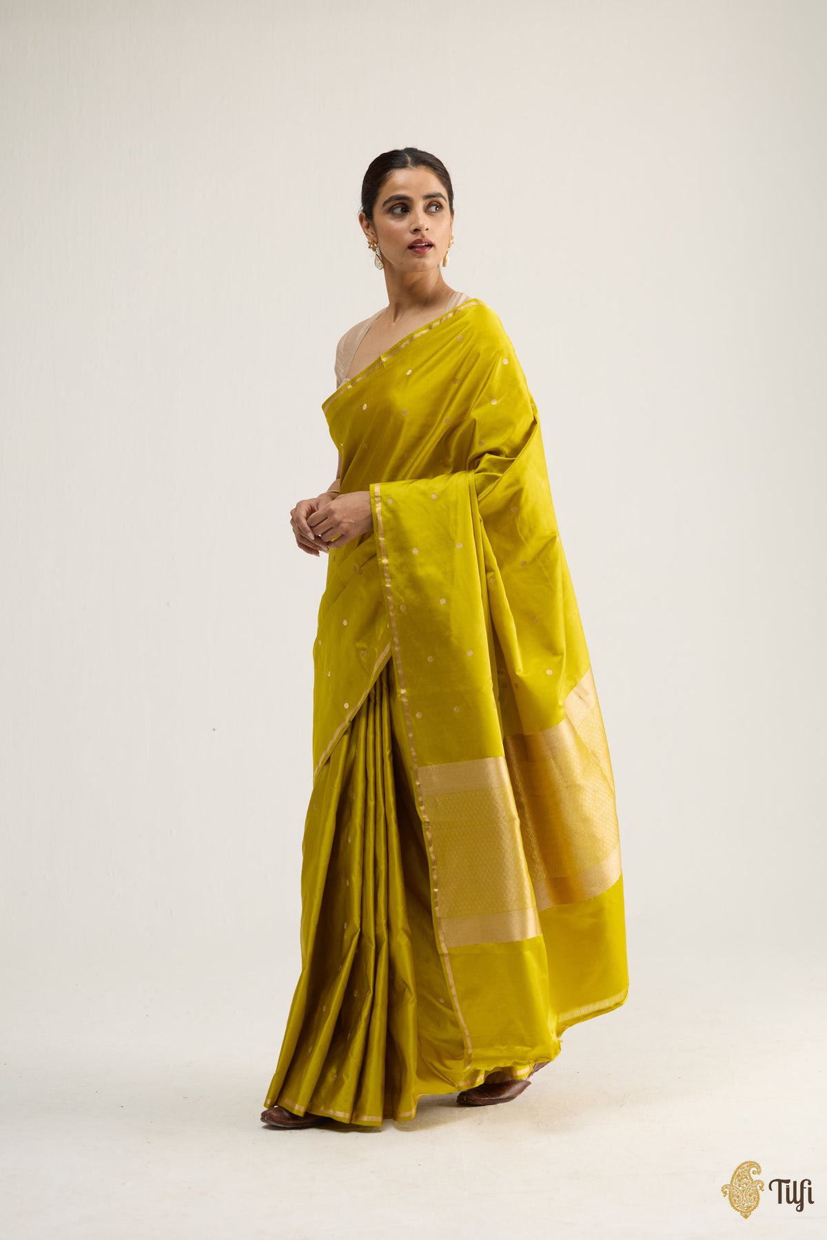 Mustard Green Satin Silk Banarasi Handloom Saree