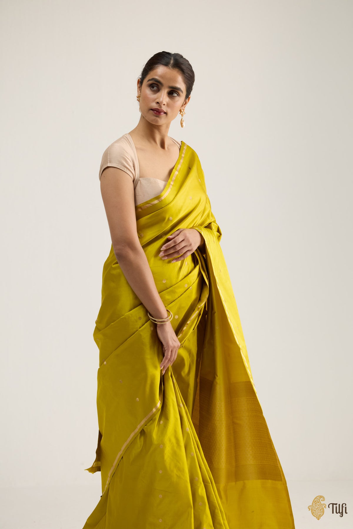 Mustard Green Satin Silk Banarasi Handloom Saree
