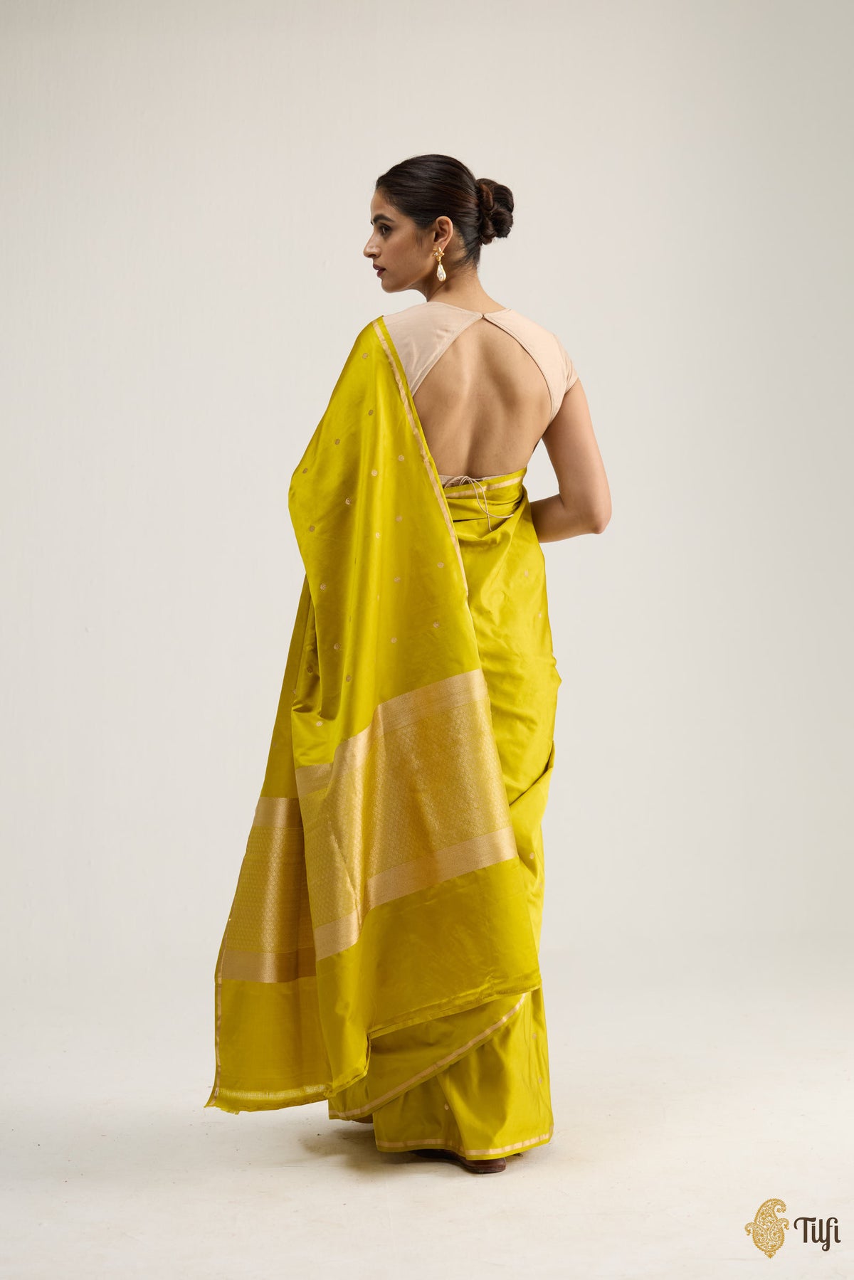 Mustard Green Satin Silk Banarasi Handloom Saree