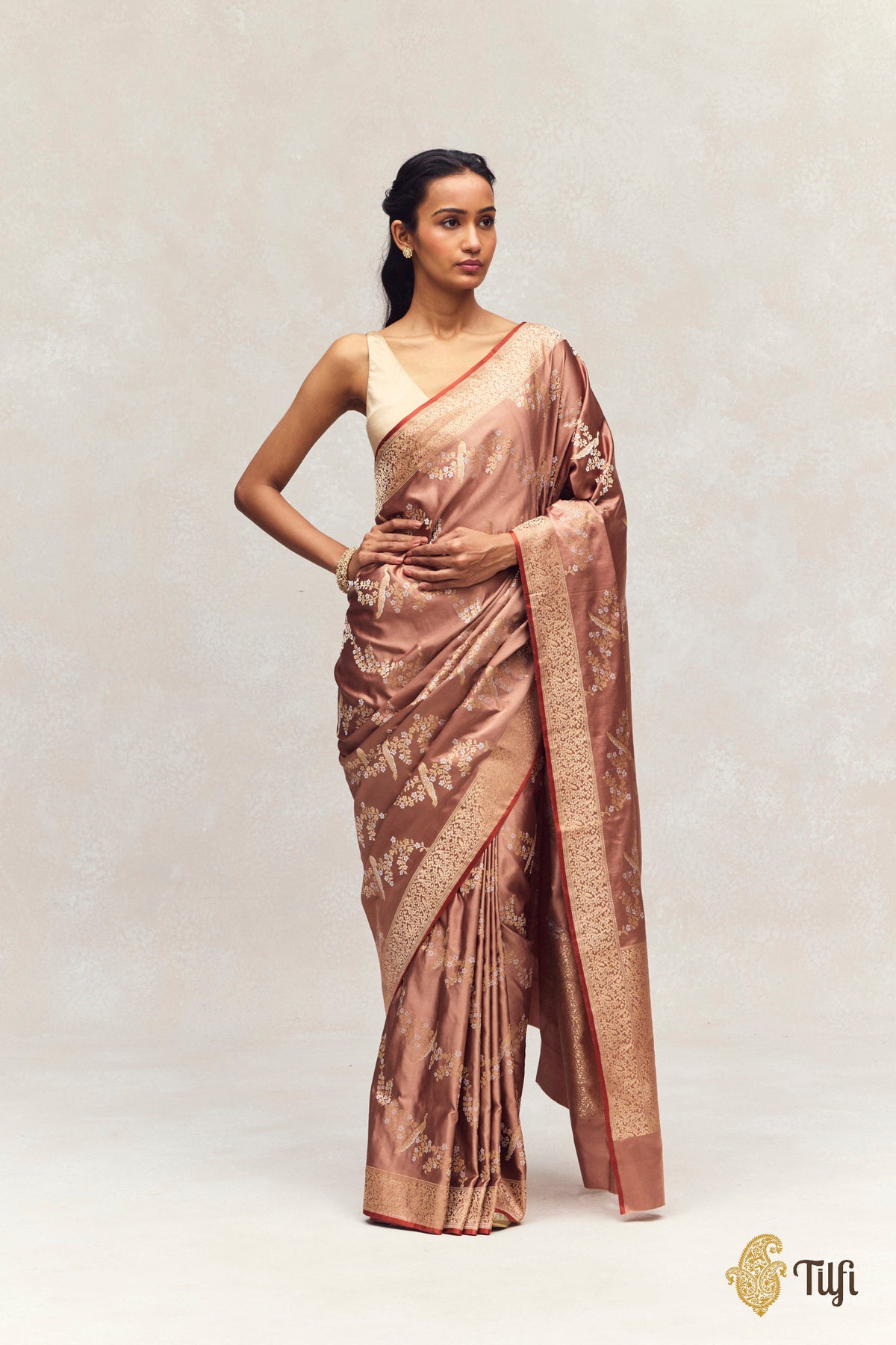 'Mayura Valli' Brown Pure Satin Silk Banarasi Handloom Saree