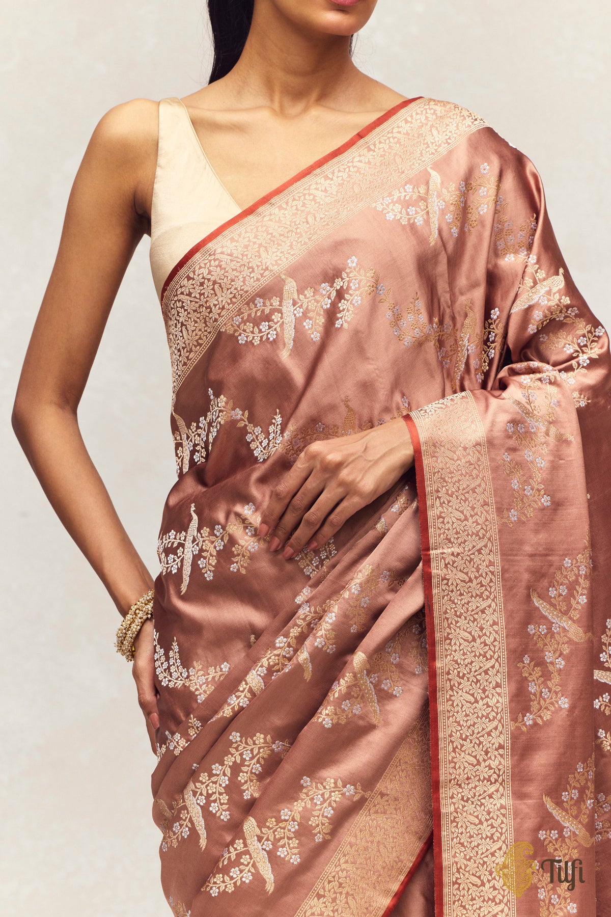 'Mayura Valli' Brown Pure Satin Silk Banarasi Handloom Saree